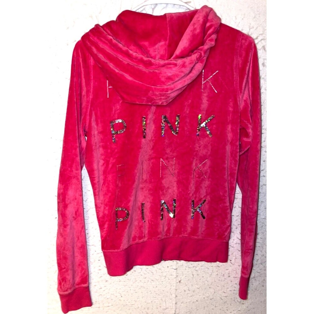 Victoria Secret PINK Hooded Sequin Full Zip Jacket M Velour Velvet Bling pockets